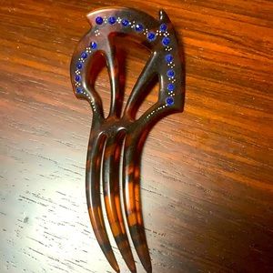 Petite Vintage Hand Painted Hair Comb Blue Rhinestones